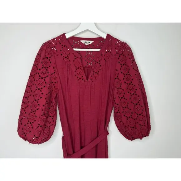 Boden Eden Broderie Jersey Puff Sleeve Midi Dress Garnet Red Women's Size 8P - Picture 4 of 11